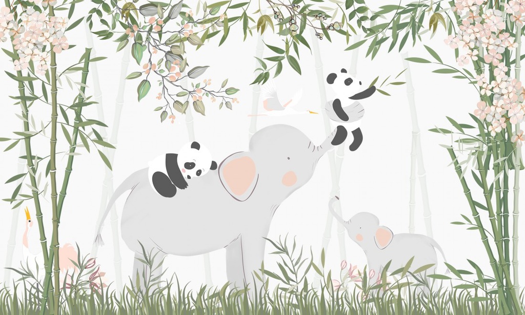 Papel Tapiz  - Bamboo Elefantes y Pandas